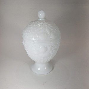 Vintage Avon Milk Glass Egg Shaped Lidded Jar Compote Jewelry Candy Dish Floral